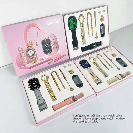 A58 Plus Smart Watch + Diamond Bracelet  + Necklace + Ring + Stud+ Earring Watch