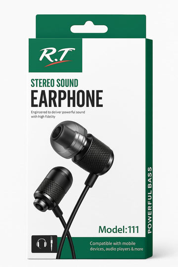 R.T Model:111 Stereo Sound Earphones – Deep Bass, Clear Calls, Sleek Metal Design