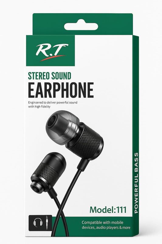 R.T Model:111 Stereo Sound Earphones – Deep Bass, Clear Calls, Sleek Metal Design