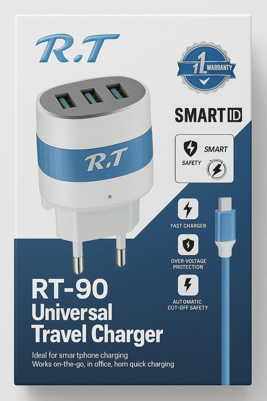 R.T RT-90 Universal Travel Charger – 3 USB Ports | Smart ID Technology | Safe & Fast Charging